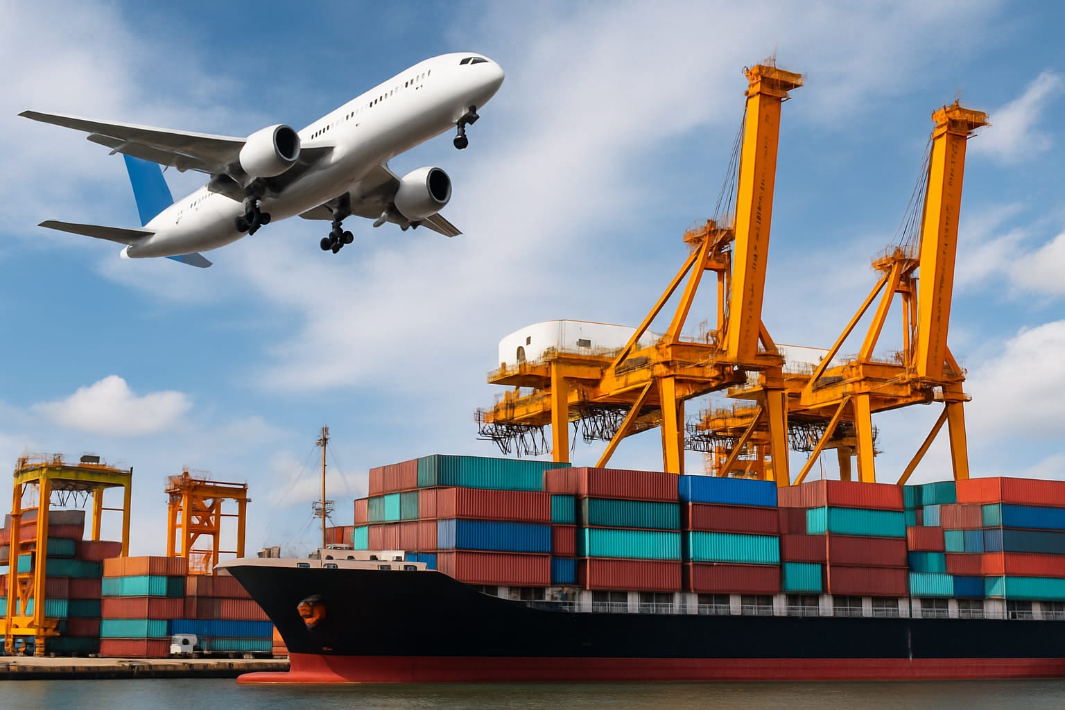 International trade cargo with airplane and shipping containers – export and import business logistics